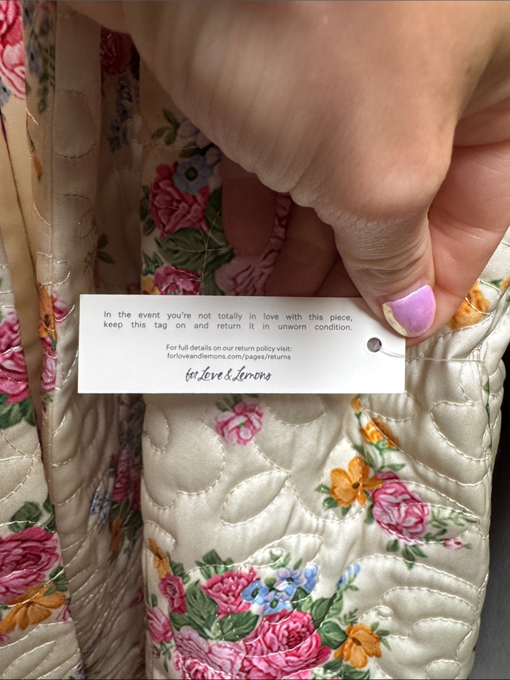 For Love & Lemons Cream Quilted Floral Trench Coat with Pink & Green Accents - Picture 4 of 7
